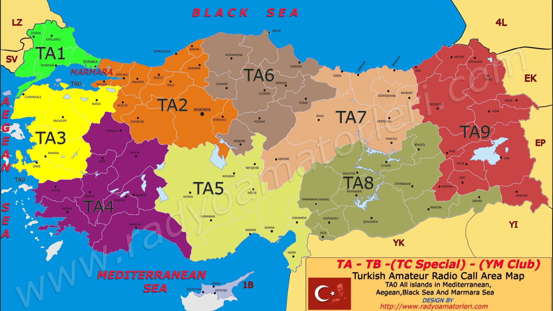 TA Bölge Haritası - Amatör Çağrı İşaretleri Ön Ek Haritası 
